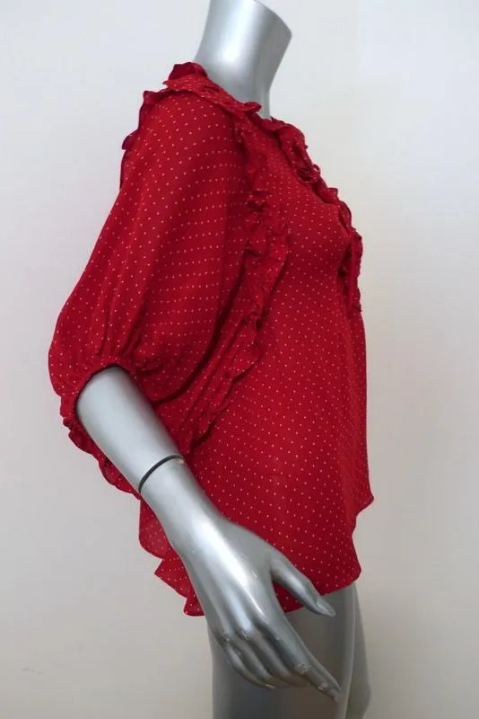 ICONS Lace-Up Blouse Red Polka Dot Print Silk Size Small Ruffle-Trim Top NEW
