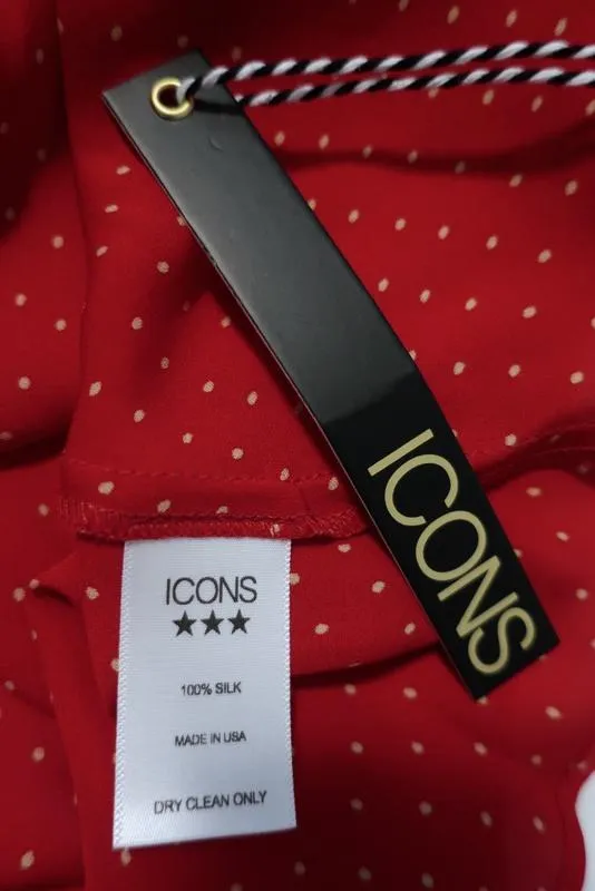 ICONS Lace-Up Blouse Red Polka Dot Print Silk Size Small Ruffle-Trim Top NEW