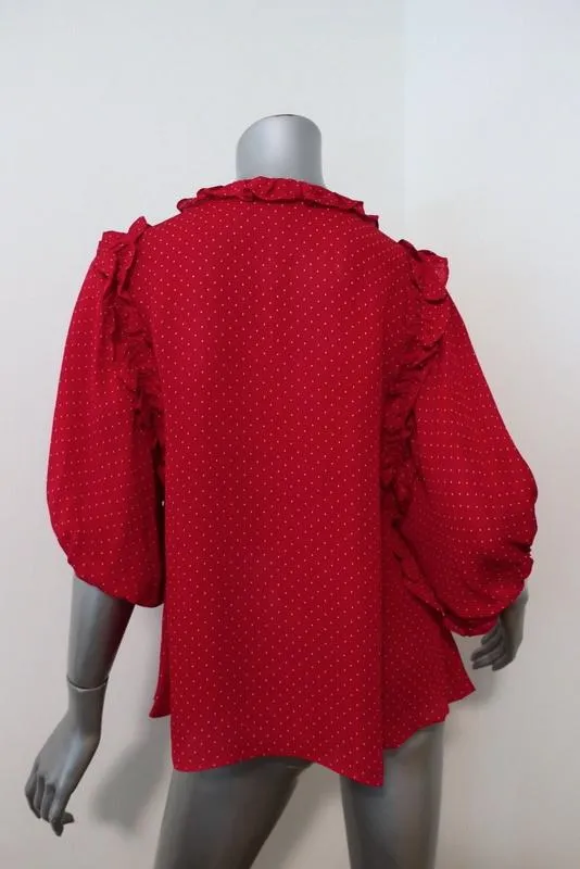 ICONS Lace-Up Blouse Red Polka Dot Print Silk Size Small Ruffle-Trim Top NEW