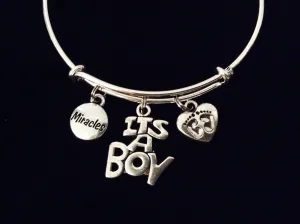 It's a Boy Expandable Silver Charm Bracelet Miracle Baby Feet Adjustable Bangle Gift