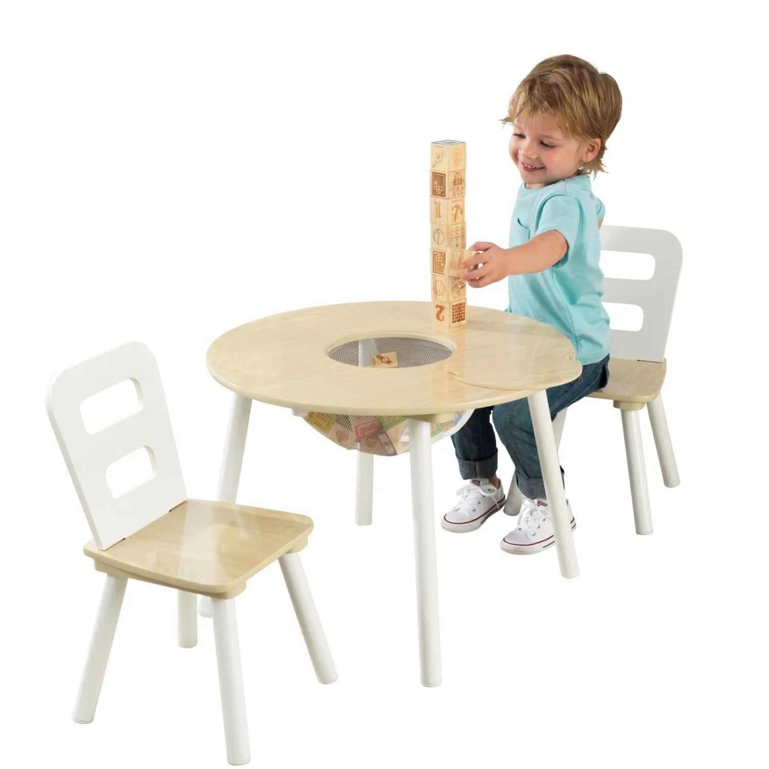 KidKraft Round Storage Table & 2 Chair Set - Natural & White