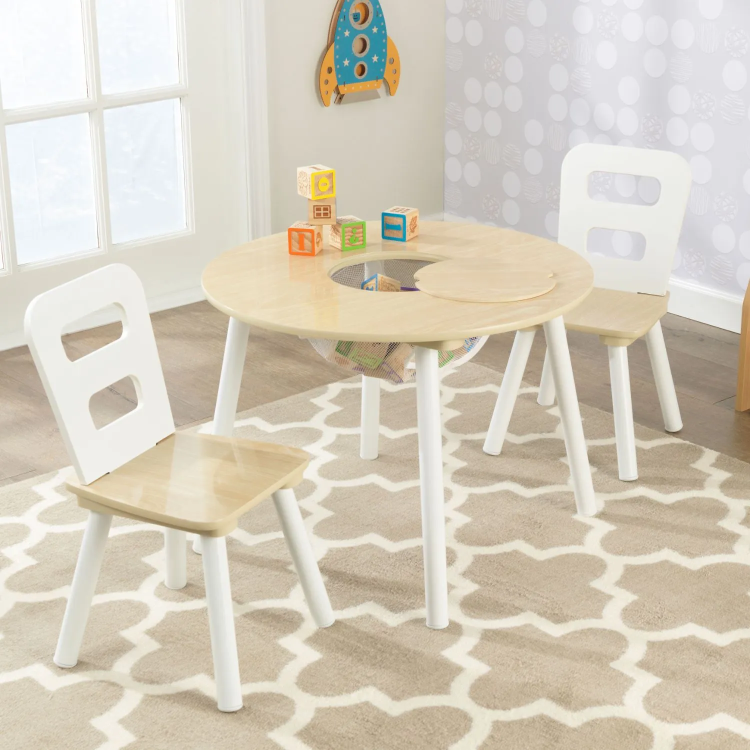 KidKraft Round Storage Table & 2 Chair Set - Natural & White