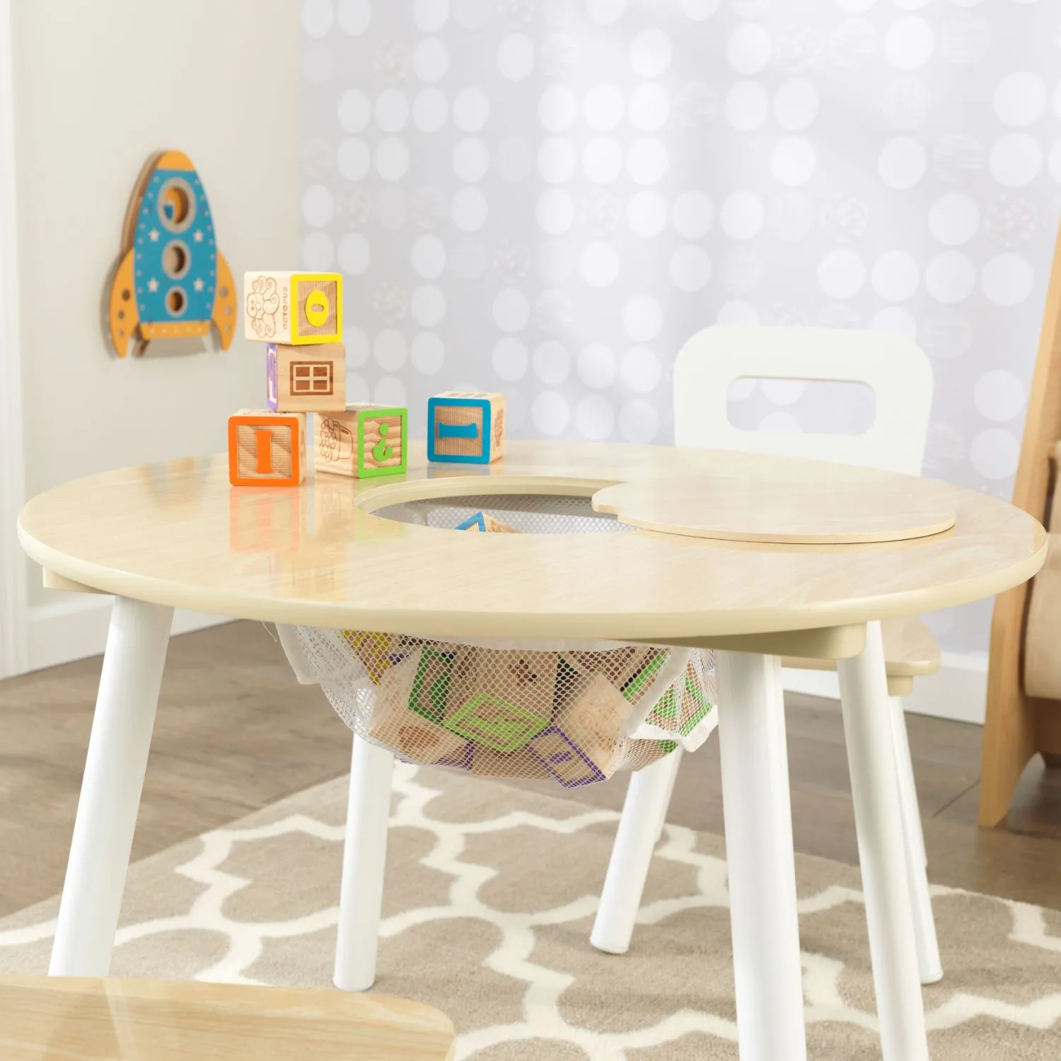KidKraft Round Storage Table & 2 Chair Set - Natural & White