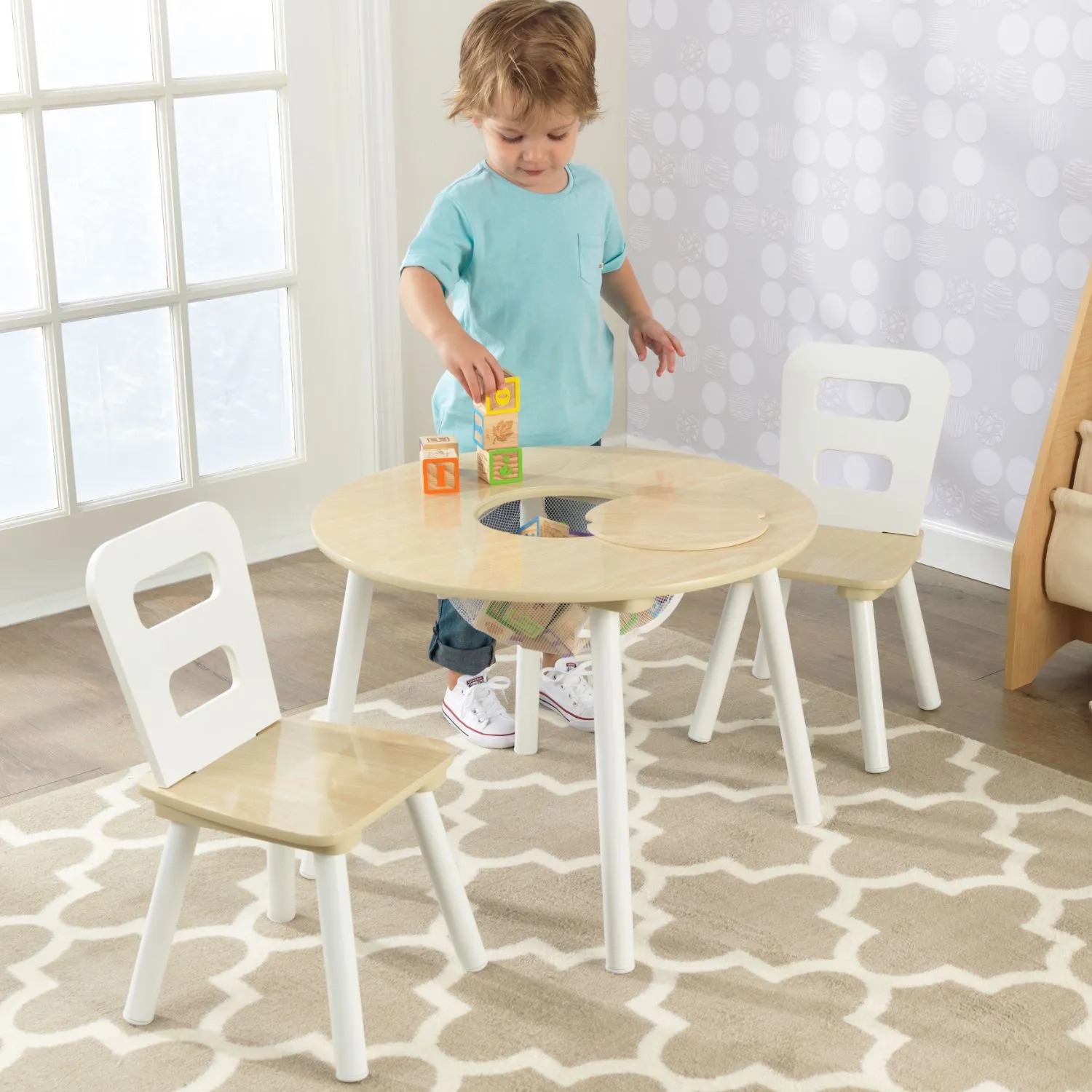 KidKraft Round Storage Table & 2 Chair Set - Natural & White