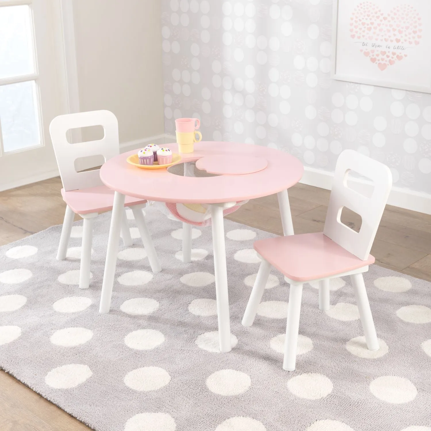 KidKraft Round Storage Table & 2 Chair Set - Pink & White