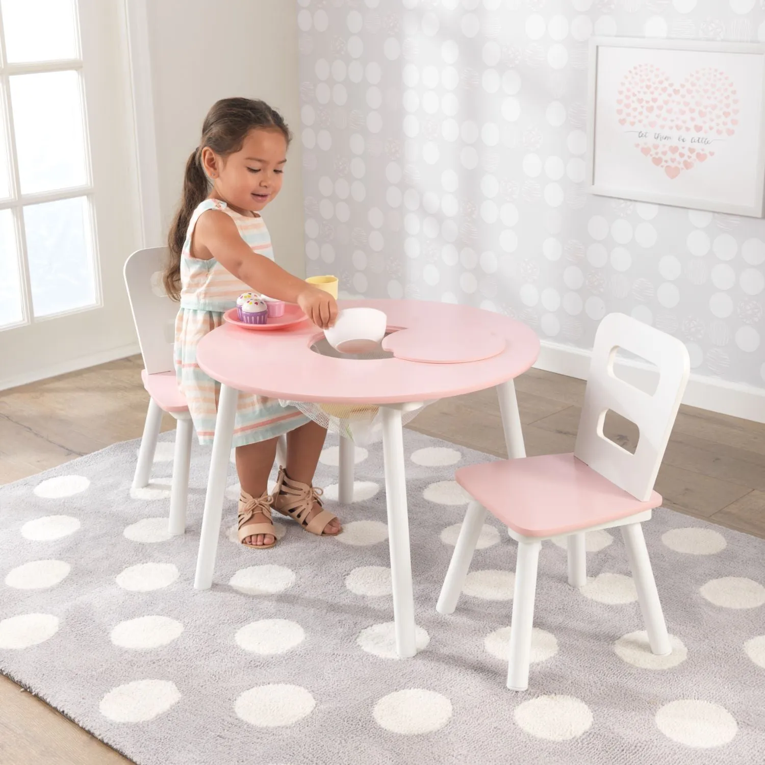 KidKraft Round Storage Table & 2 Chair Set - Pink & White
