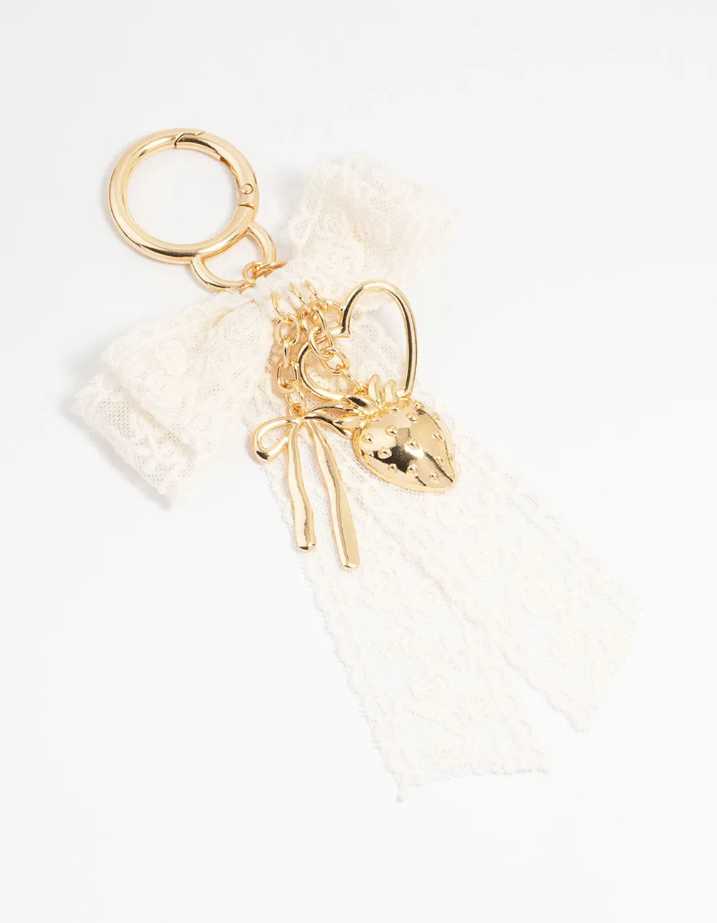 Lace Bow & Gold Heart Fabric Keychain