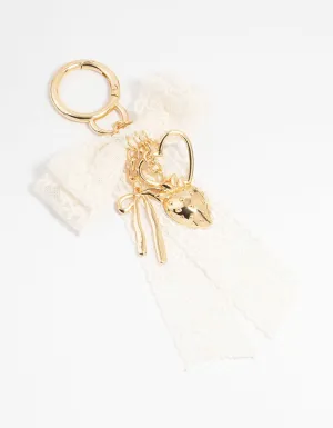 Lace Bow & Gold Heart Fabric Keychain