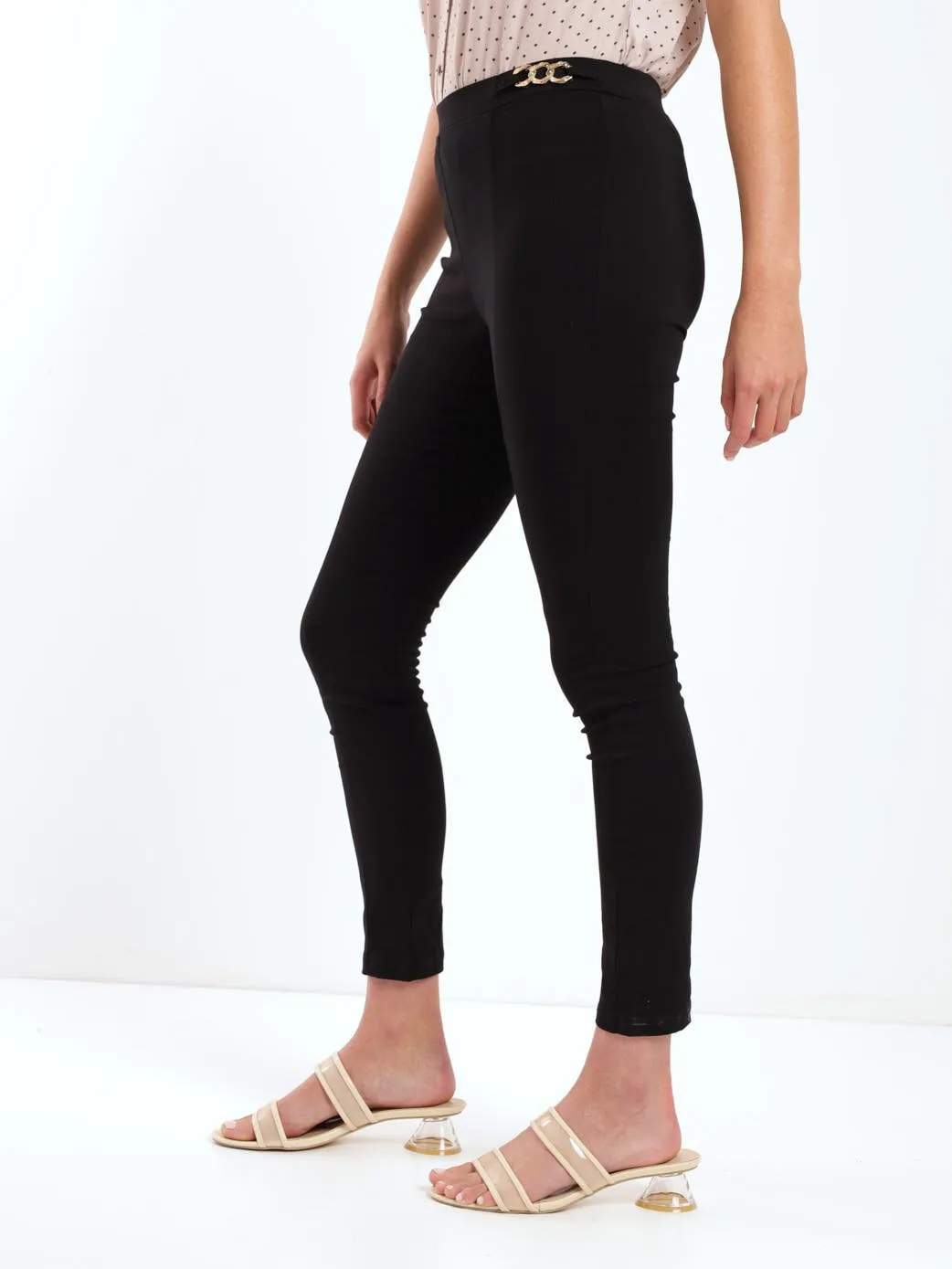 Ladies Metal Trim Skinny Pant - Black