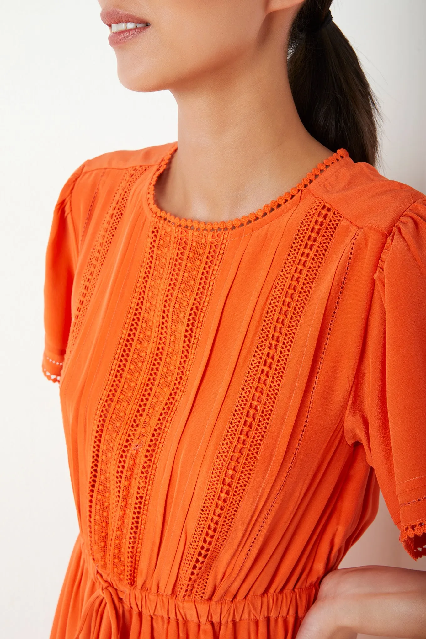 Layna Lace Trim Silk Dress - Orange