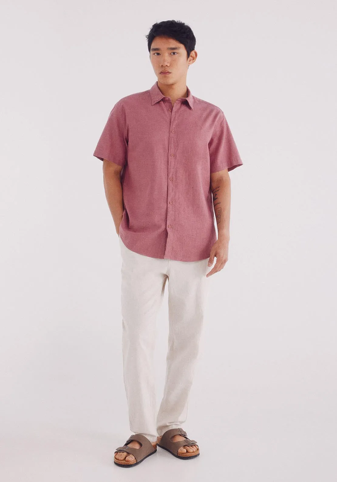 Linen Shirt With Short Sleeves - Orange