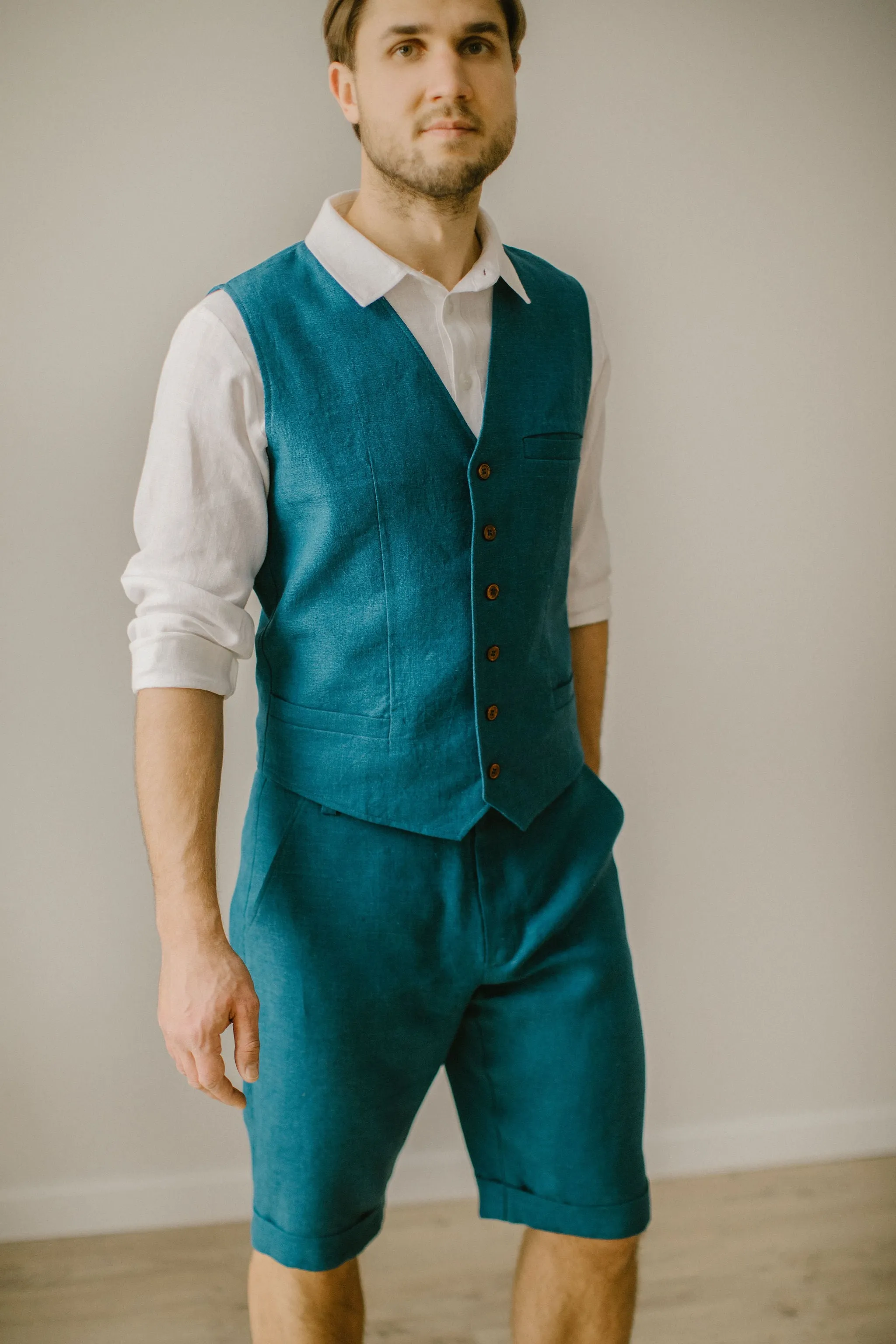Linen Shorts Waistcoat Set (Set Of 2)