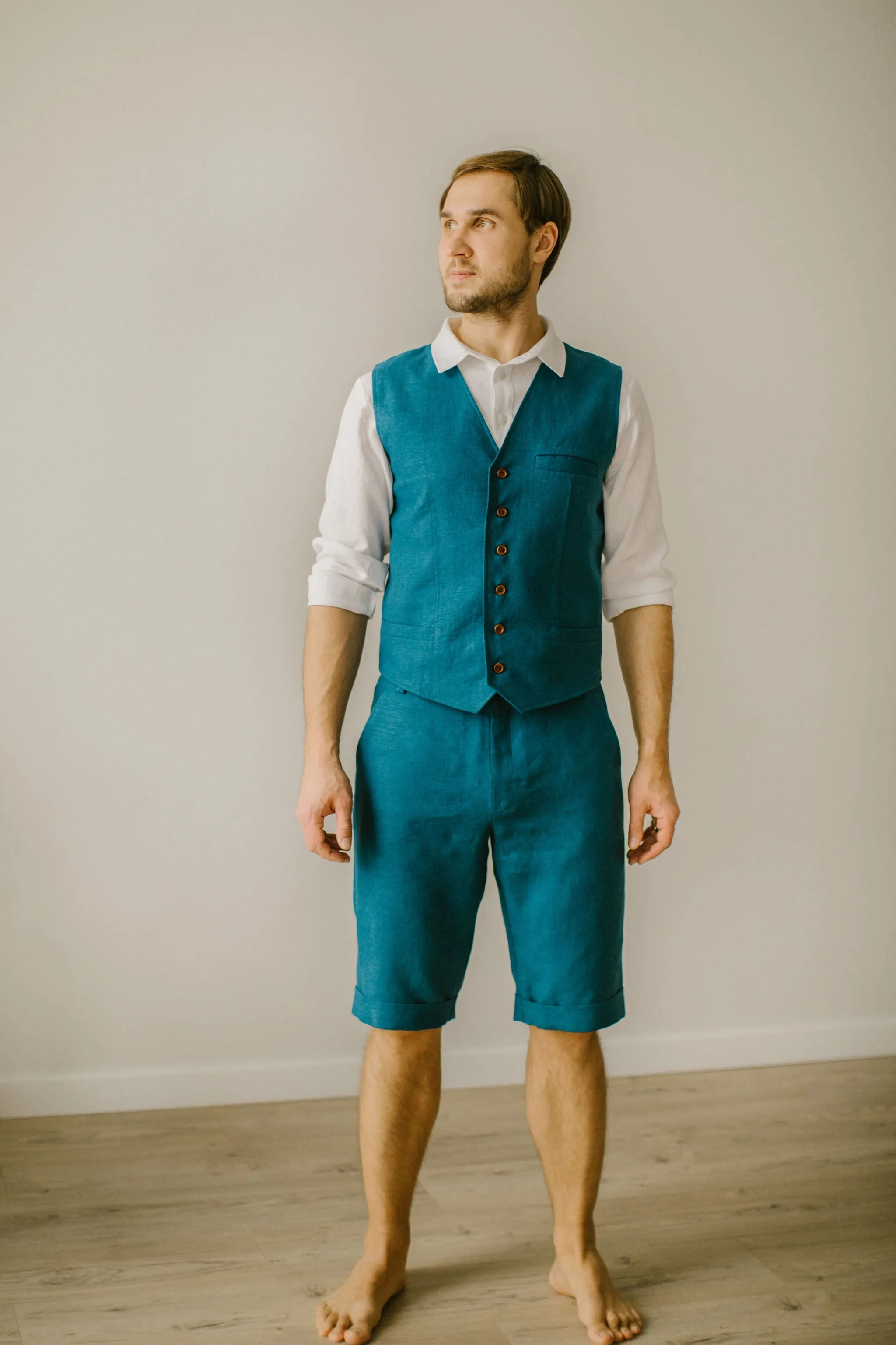 Linen Shorts Waistcoat Set (Set Of 2)