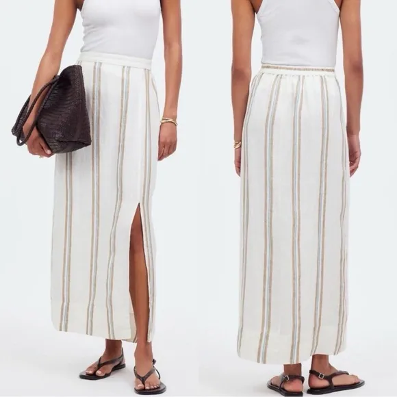 MADEWELL Maxi Skirt Women Large 100% Linen Column NEW Ivory Stripe NQ798