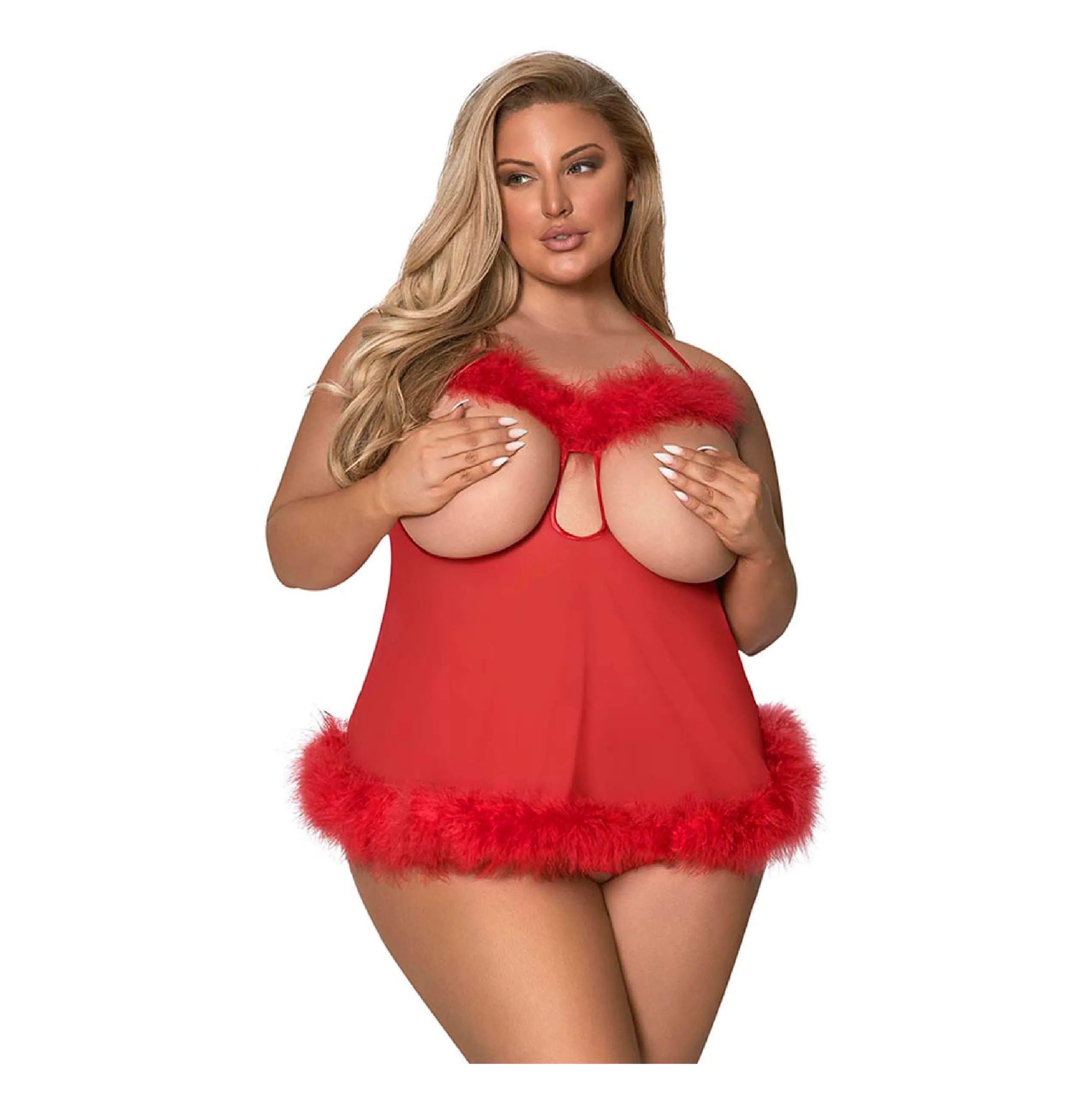 Marabou Cupless & Crotchless Baby Doll Set Red Plus