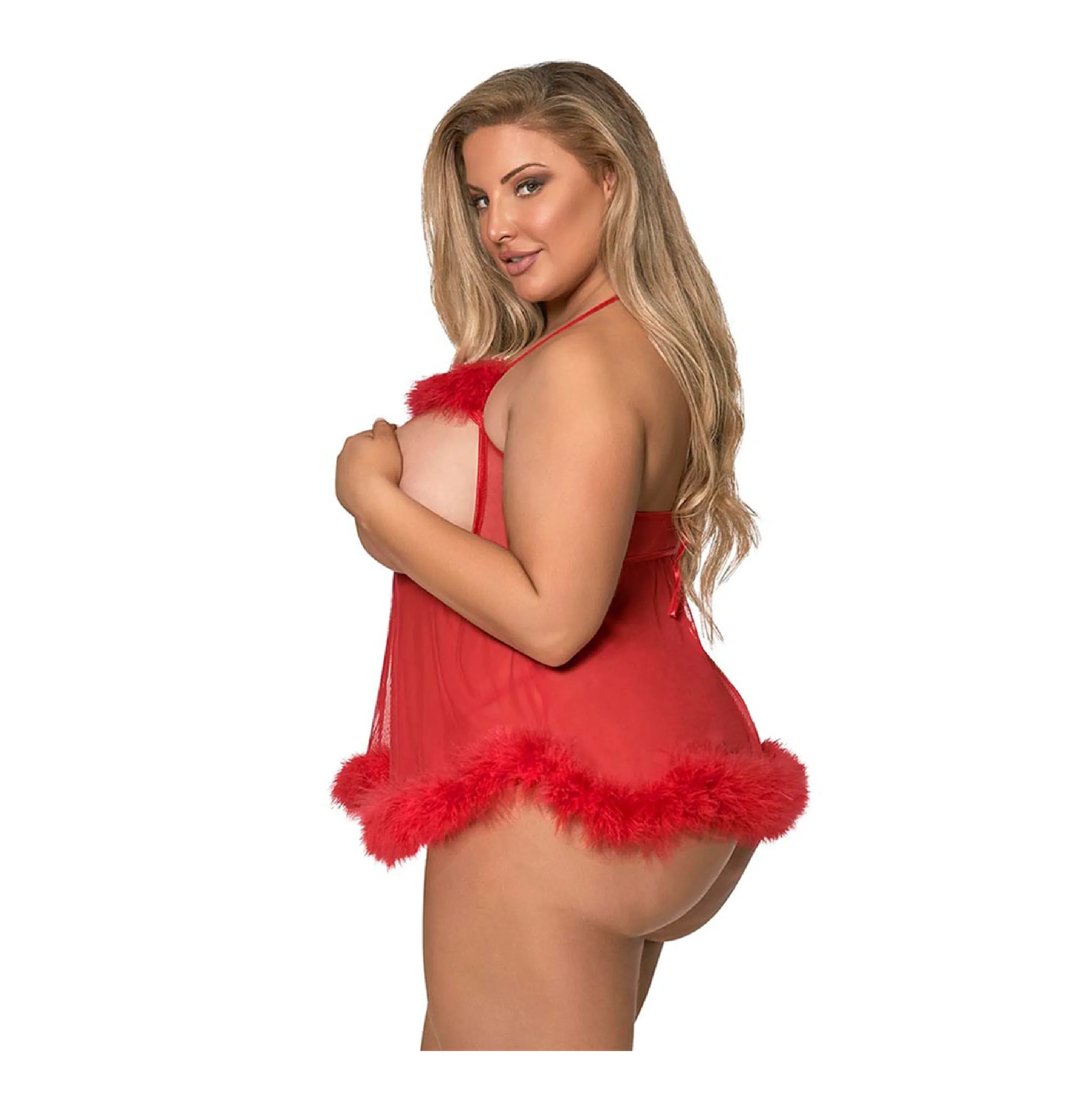 Marabou Cupless & Crotchless Baby Doll Set Red Plus
