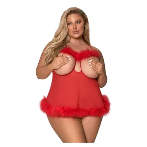 Marabou Cupless & Crotchless Baby Doll Set Red Plus