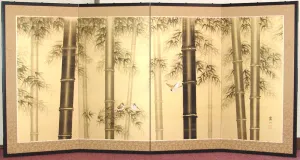 Matsuda Tomikazu - Japanese Traditional Hand Paint Byobu (Gold Silk Folding Screen) - X146 - Free Shipping