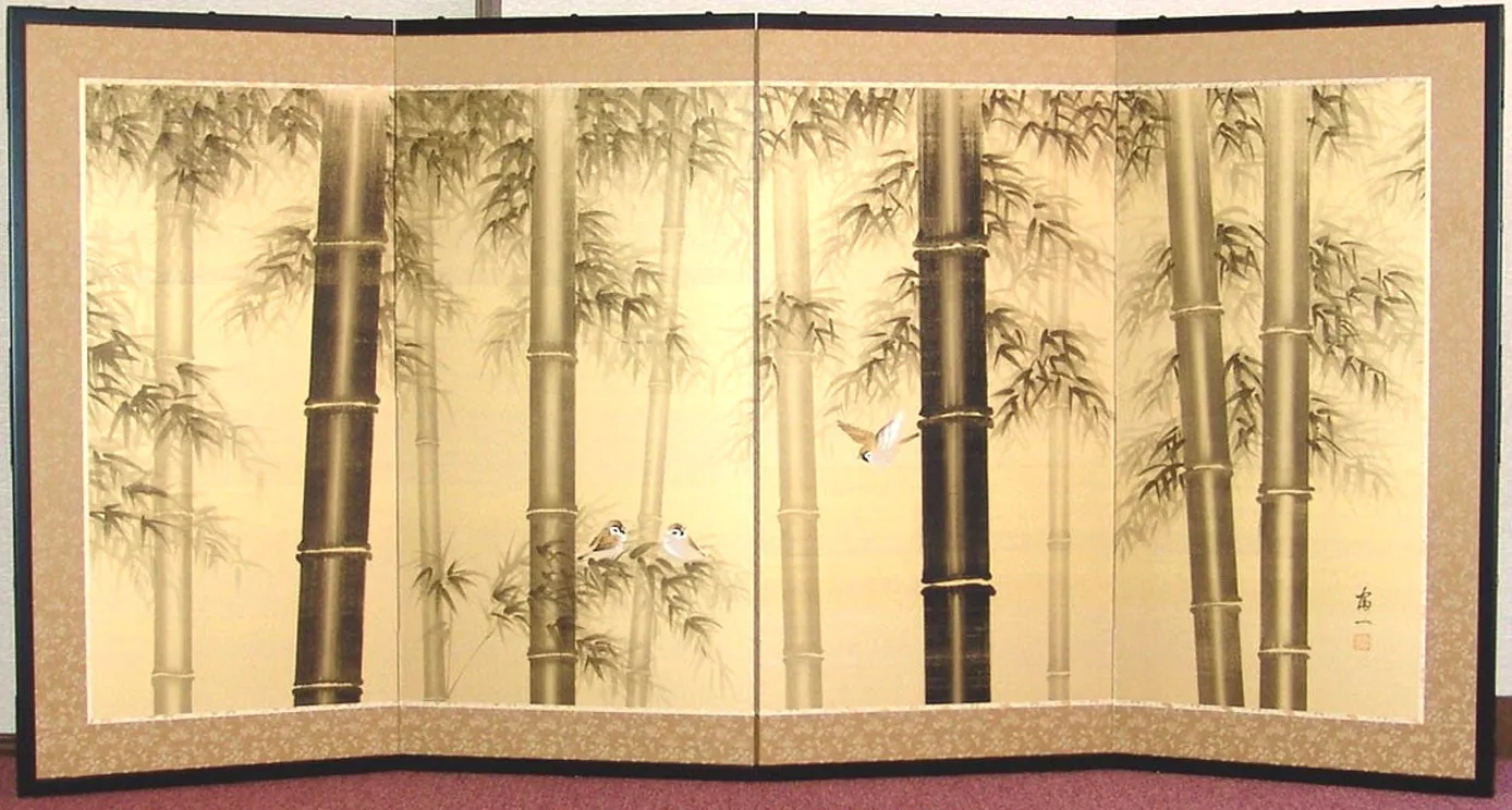 Matsuda Tomikazu - Japanese Traditional Hand Paint Byobu (Gold Silk Folding Screen) - X146 - Free Shipping