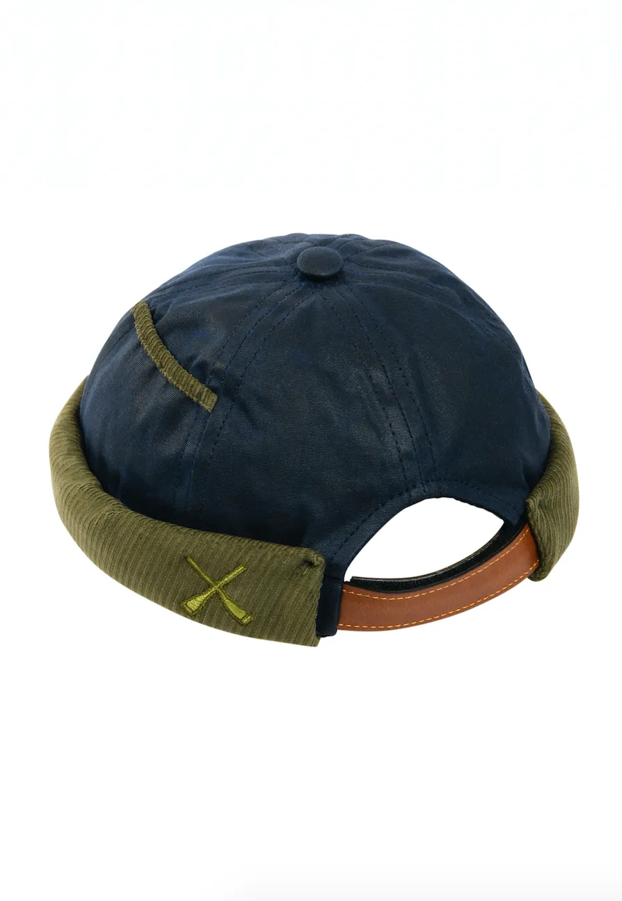 MIKI DOCKER HAT DARK BLUE WAXED COTTON AND GREEN VELVET