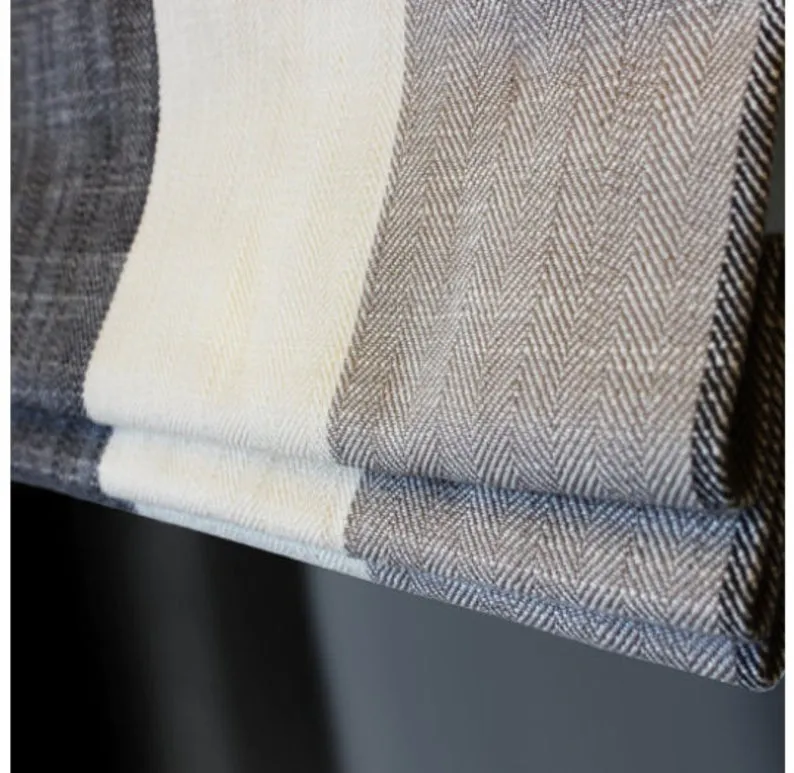 Modern Vintage White, Light Grey and Dark Grey Striped Linen Custom Made Flat Roman Shade