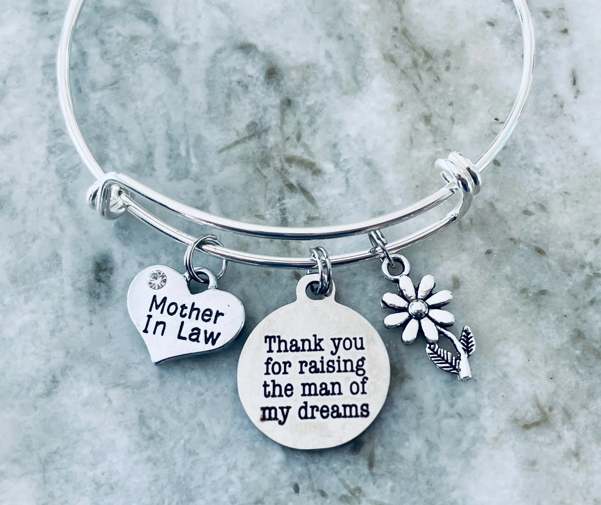 Mother in Law Thank you for Raising the Man of My Dreams Expandable Charm Bracelet Bangle Wedding Gift