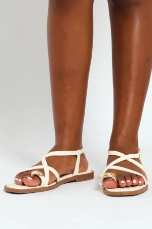 Multistrap Toe Post Sandal With Metal Trim - White