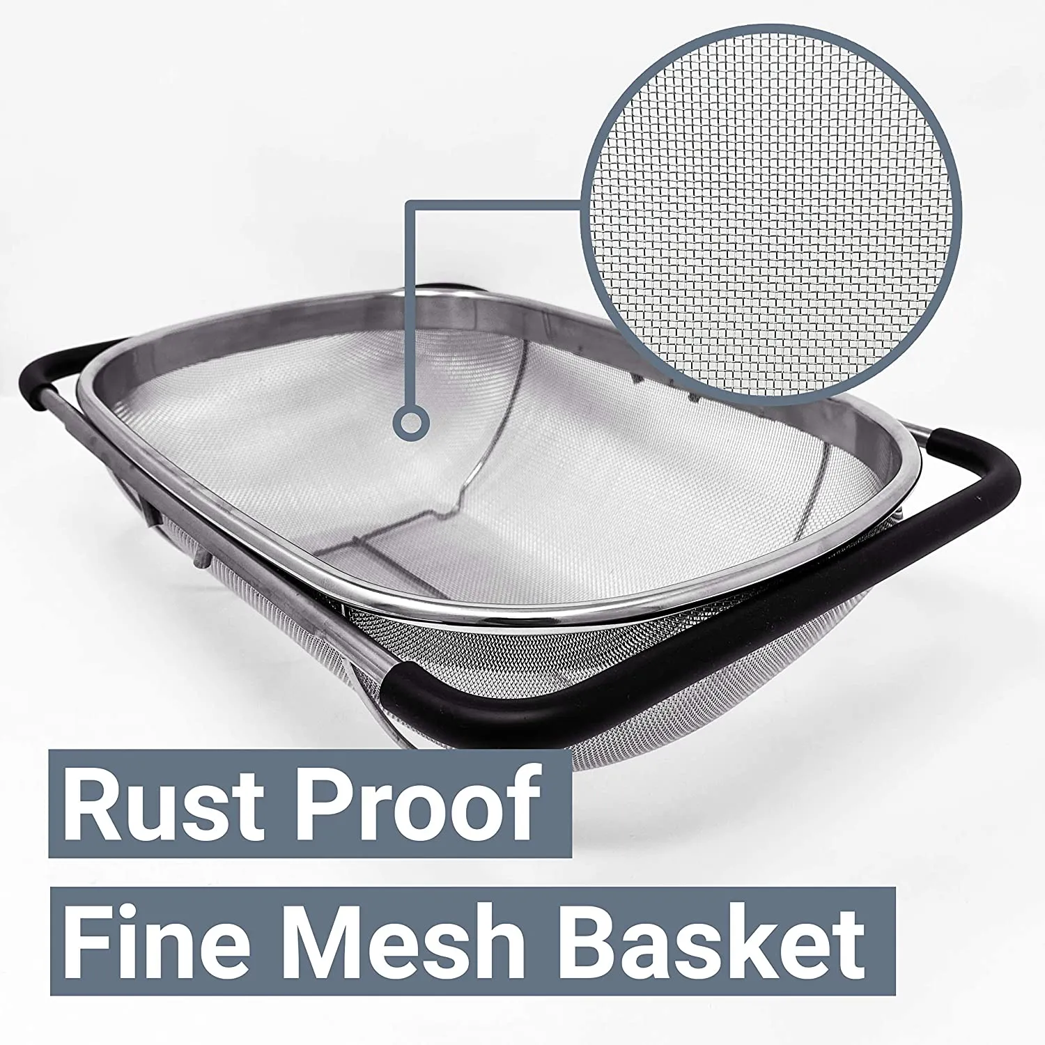 New Makerstep Over the Sink Colander Strainer Basket Stainless Steel, For Kitchen Sink with Rubber Grip, Fine Mesh, Large Kitchen Gadgets Tools, Expandable Sink Strainer Home Kitchen Essentials