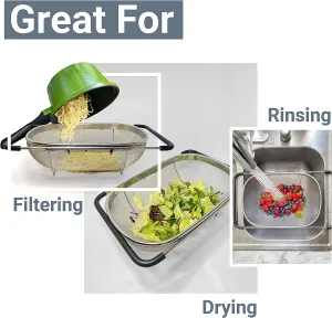 New Makerstep Over the Sink Colander Strainer Basket Stainless Steel, For Kitchen Sink with Rubber Grip, Fine Mesh, Large Kitchen Gadgets Tools, Expandable Sink Strainer Home Kitchen Essentials