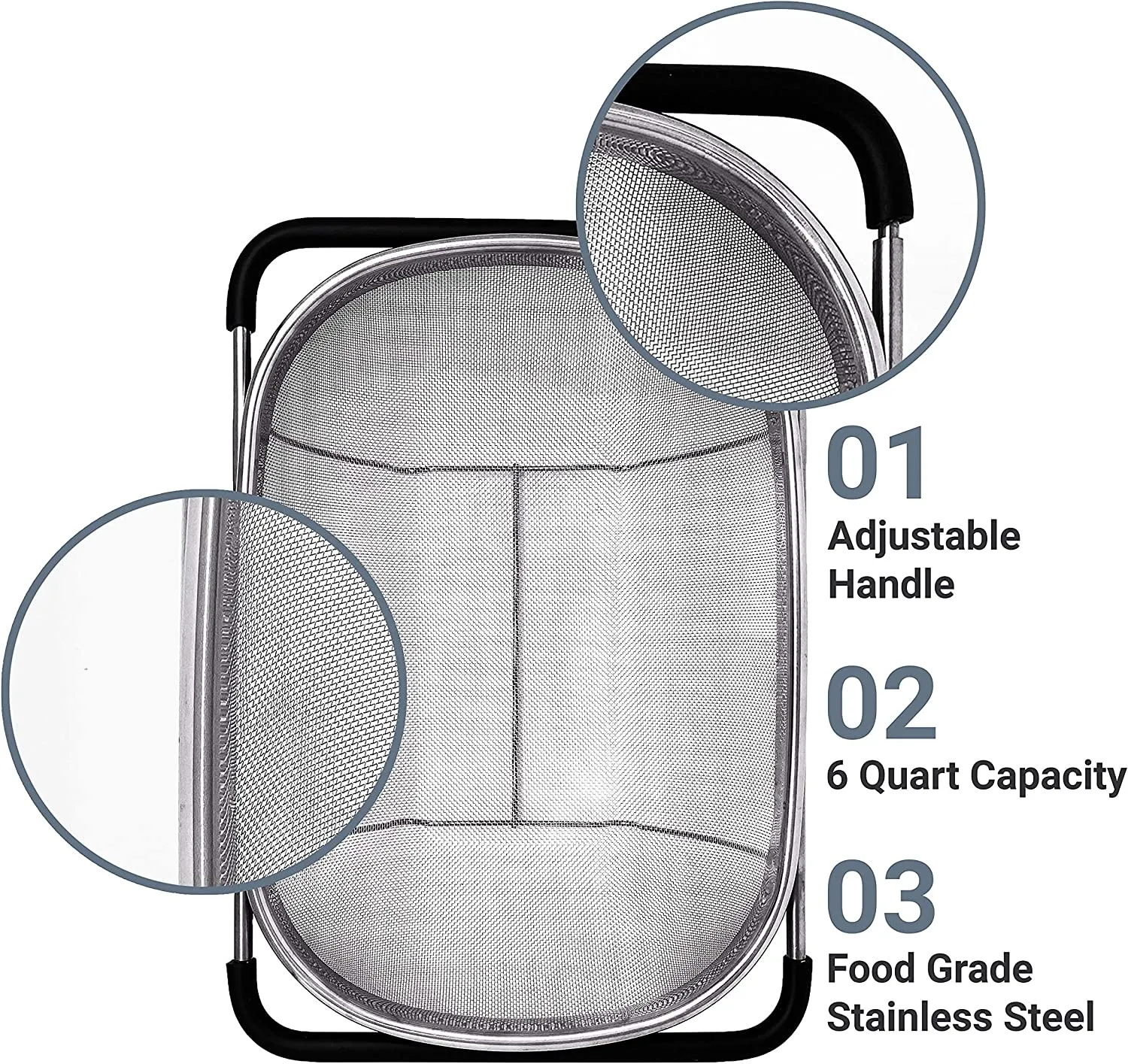 New Makerstep Over the Sink Colander Strainer Basket Stainless Steel, For Kitchen Sink with Rubber Grip, Fine Mesh, Large Kitchen Gadgets Tools, Expandable Sink Strainer Home Kitchen Essentials