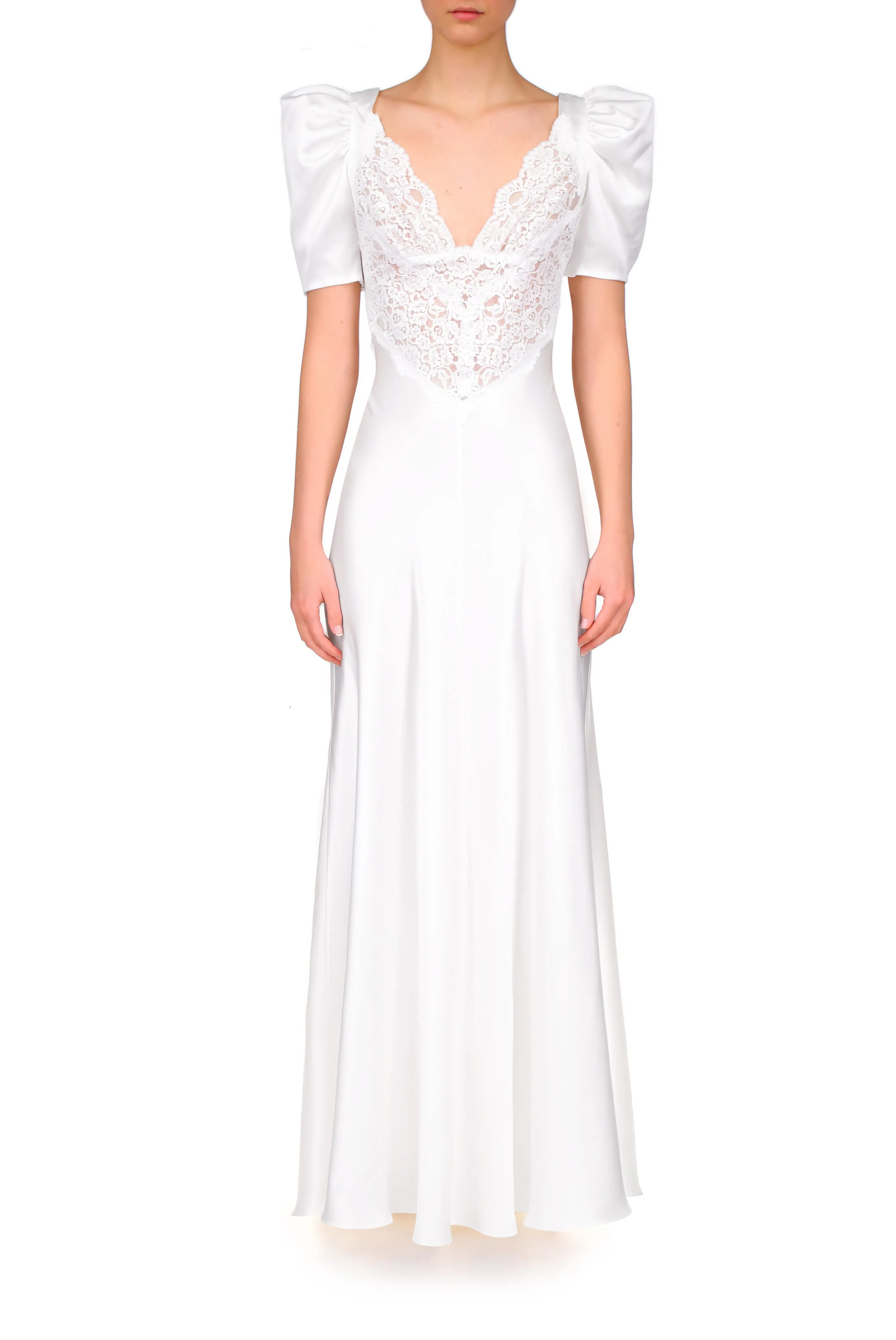 Off White Silk Satin Short Sleeve Dress With Lace Details