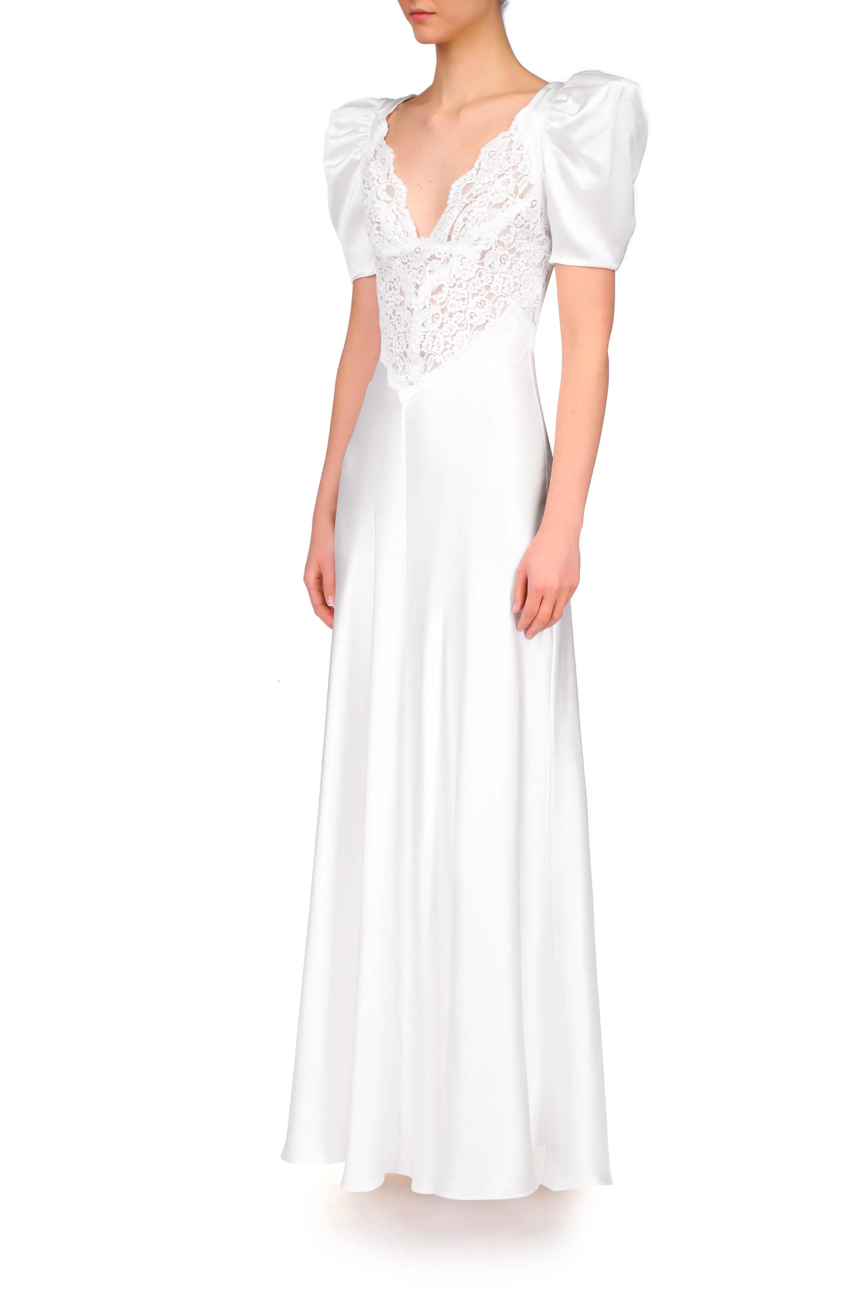 Off White Silk Satin Short Sleeve Dress With Lace Details