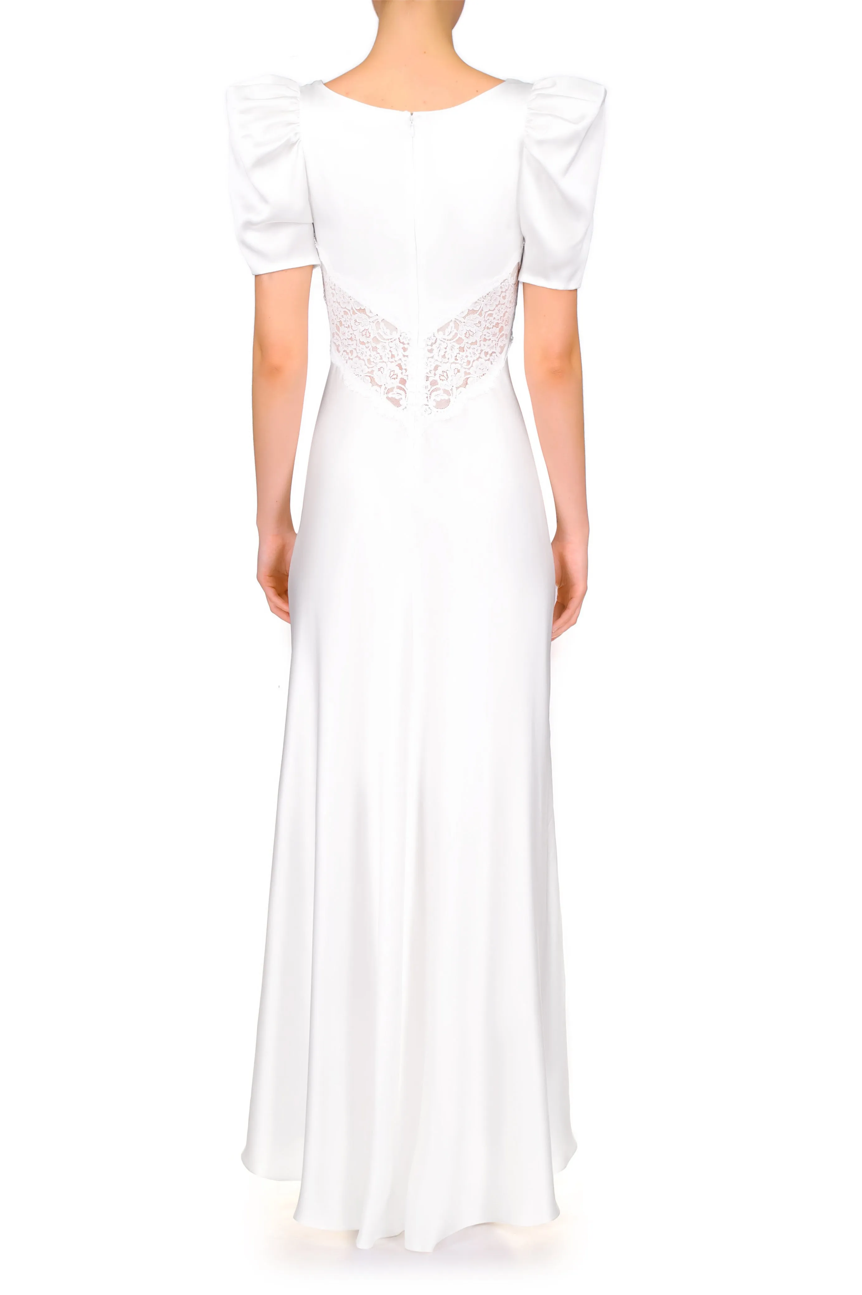 Off White Silk Satin Short Sleeve Dress With Lace Details