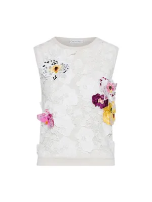 Oscar de la Renta Orchid Threadwork Embroidered Inset Tank