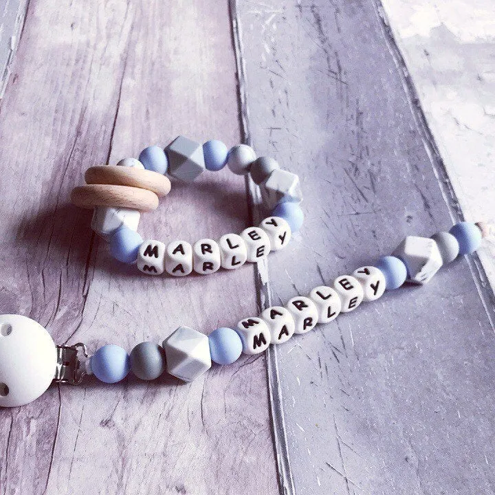Personalised Silicone Dummy Clip - Baby Blue