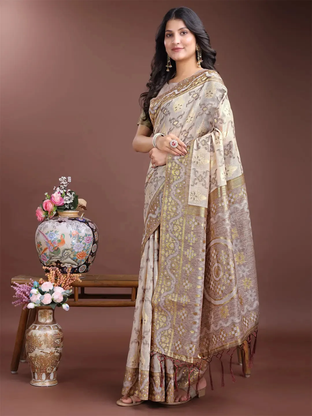 Pink Linen Cotton Saree