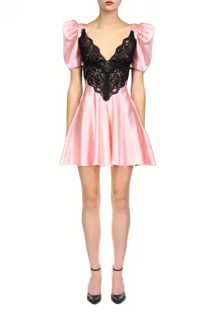 Pink Satin Charmeuse Bias Mini Dress With Black Lace Bodice Detail