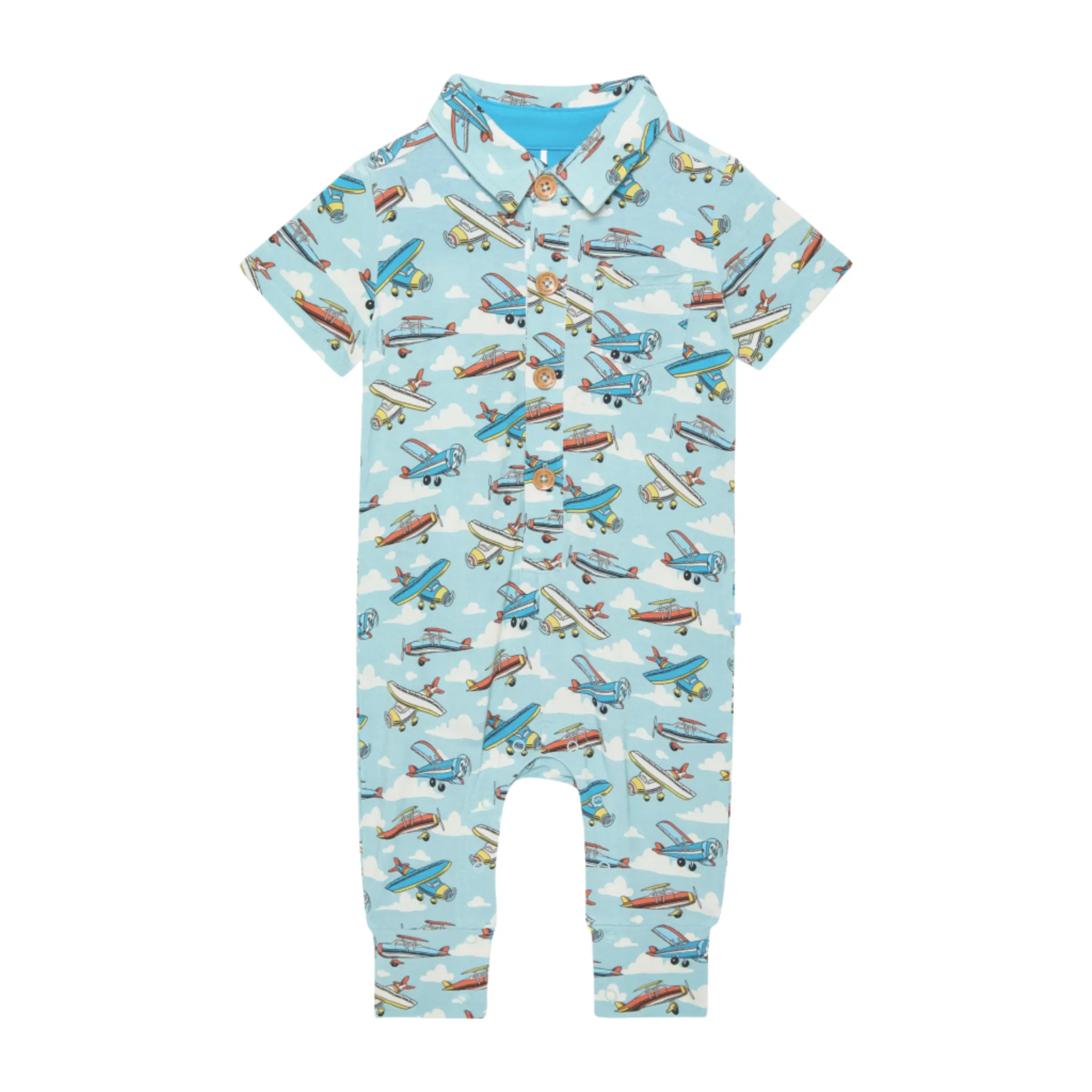 Posh Peanut |  Posh Planes - Short Sleeve Collared  Henley Long Romper