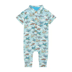 Posh Peanut |  Posh Planes - Short Sleeve Collared  Henley Long Romper