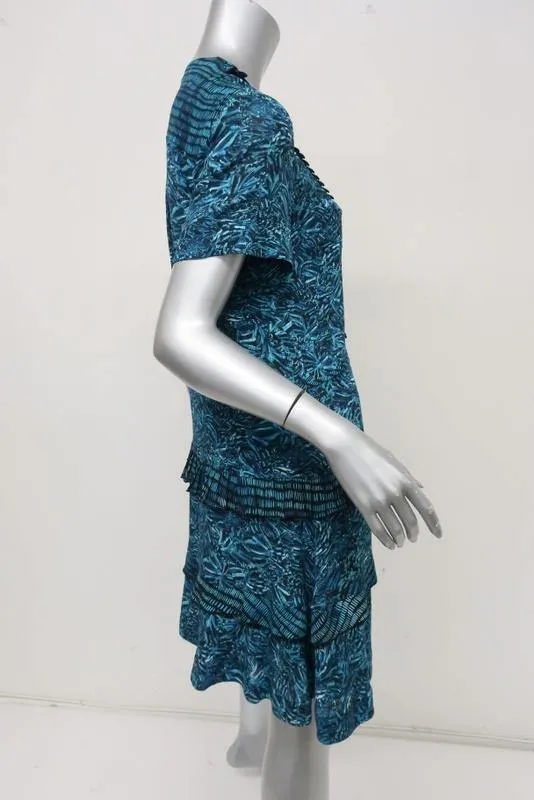 Proenza Schouler Dress Blue Abstract Print Silk Size 2 Ruffle Trim Short Sleeve