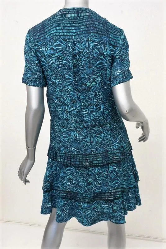 Proenza Schouler Dress Blue Abstract Print Silk Size 2 Ruffle Trim Short Sleeve