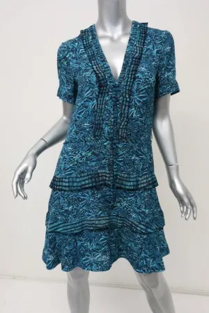 Proenza Schouler Dress Blue Abstract Print Silk Size 2 Ruffle Trim Short Sleeve