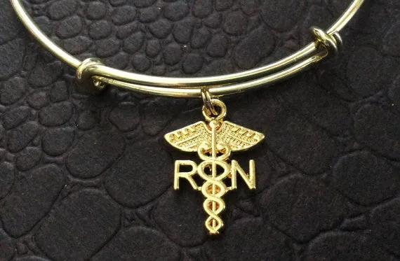 RN Caduceus Charm Bracelet Gold Bangle Expandable Wire Gift Medical Nurse Handmade in USA Trendy