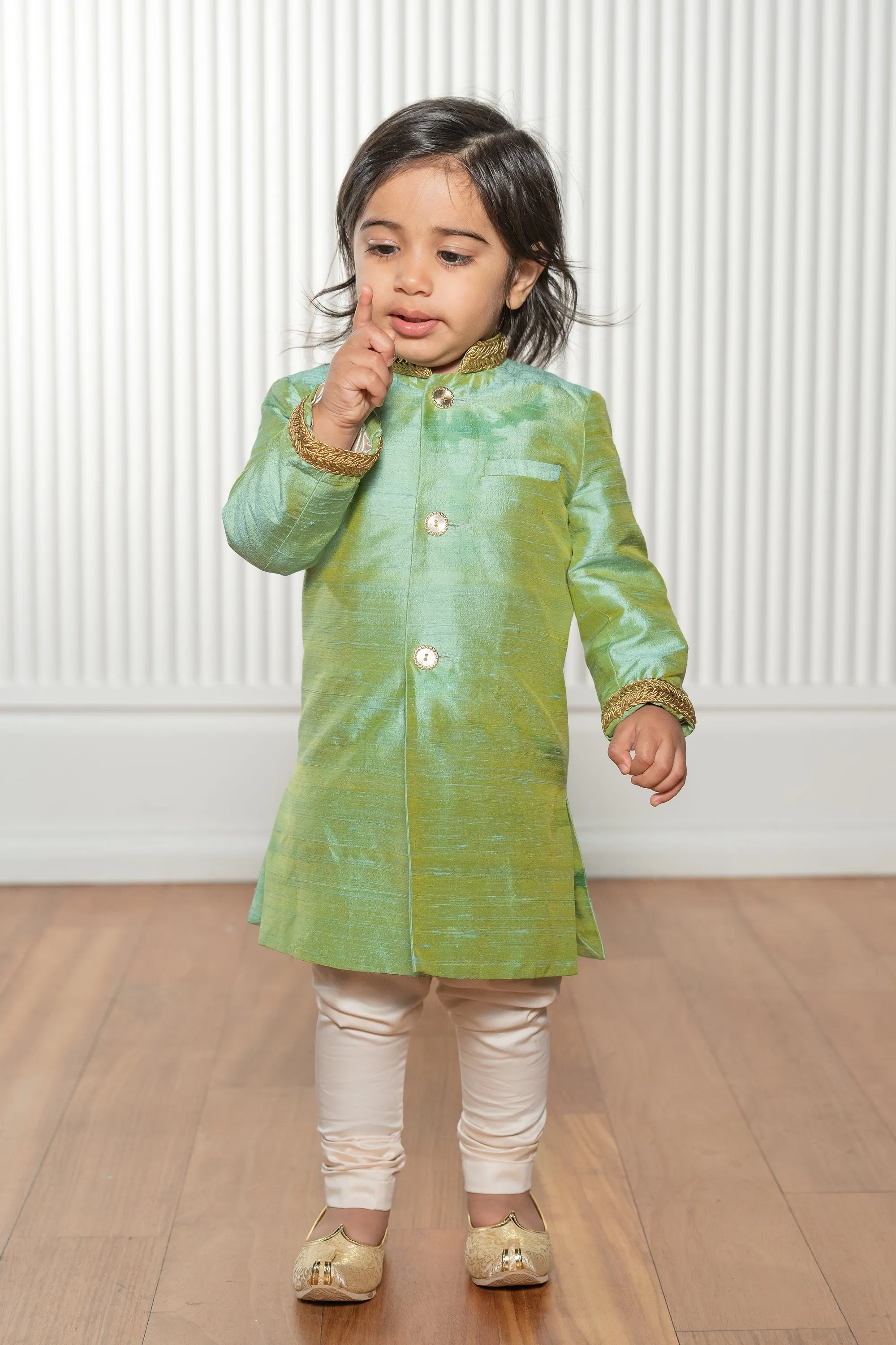 ROHAN Kids Green and Gold Sherwani