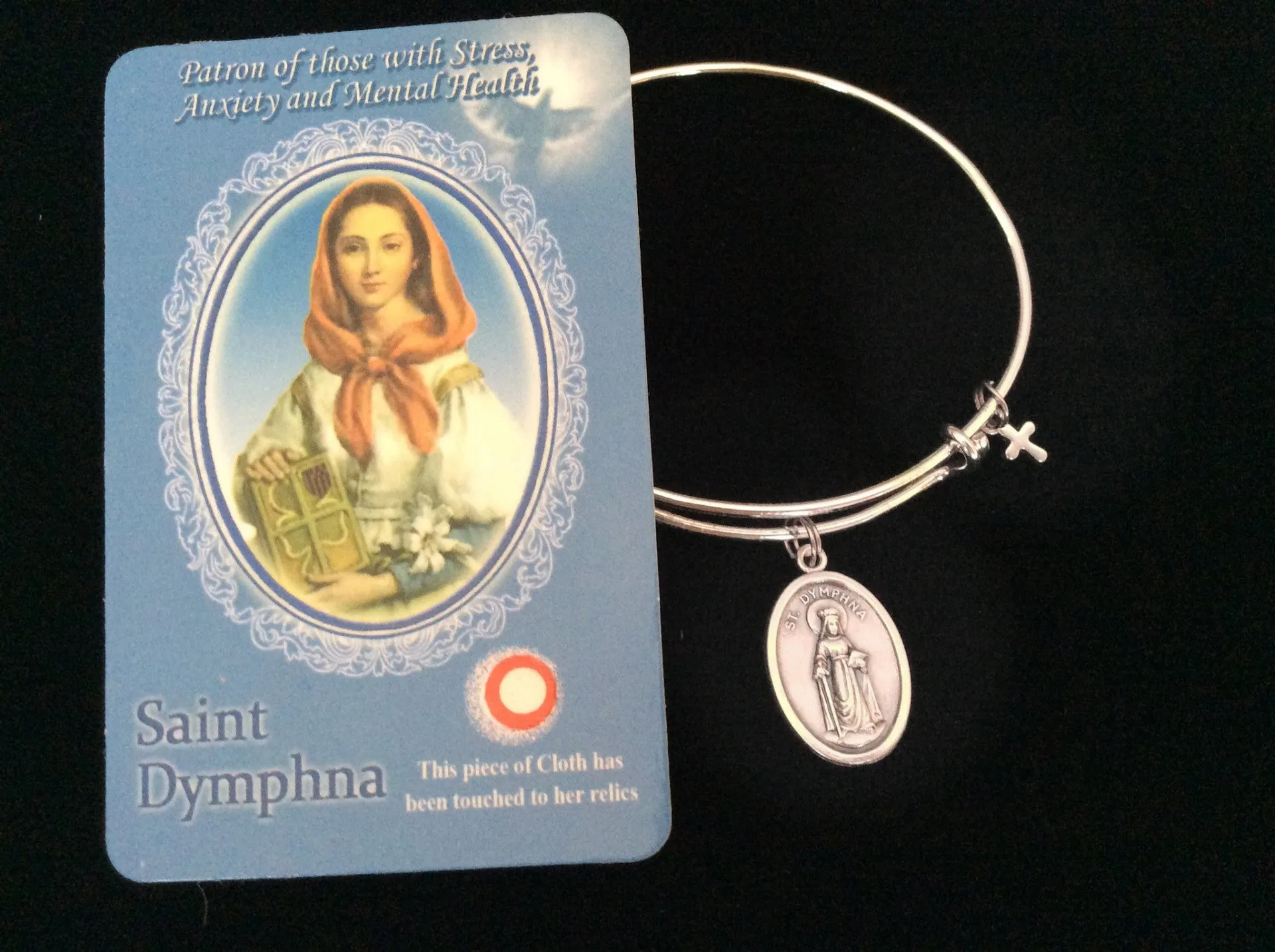 Saint Dymphna Medal Silver Expandable Charm Bracelet Double Sided Adjustable Wire Bangle Stacking Trendy Patron