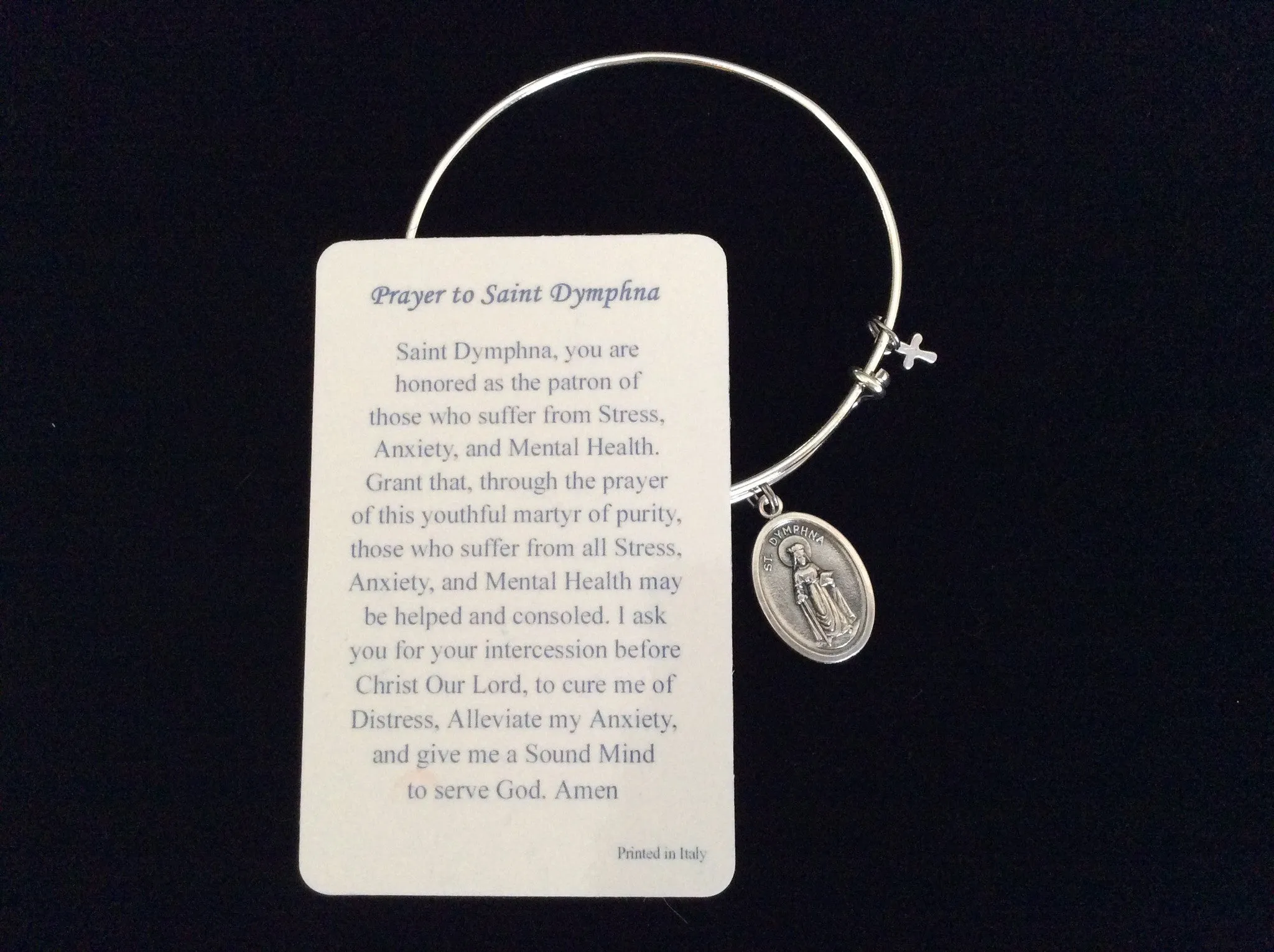 Saint Dymphna Medal Silver Expandable Charm Bracelet Double Sided Adjustable Wire Bangle Stacking Trendy Patron