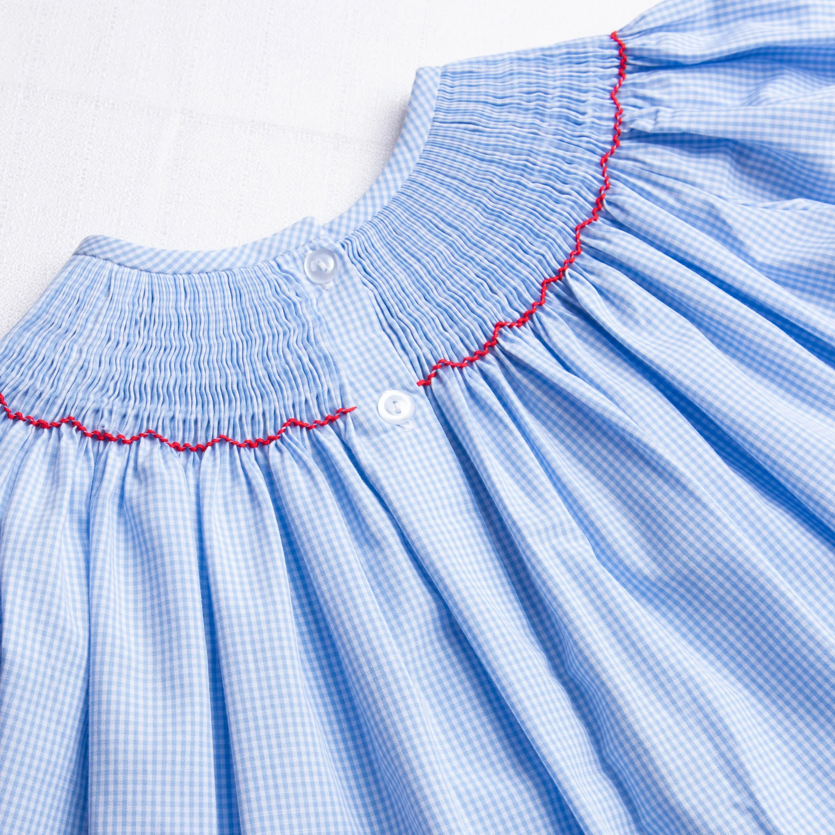 Santa's Smile Smocked Ruffle Pant Set, Light Blue Gingham