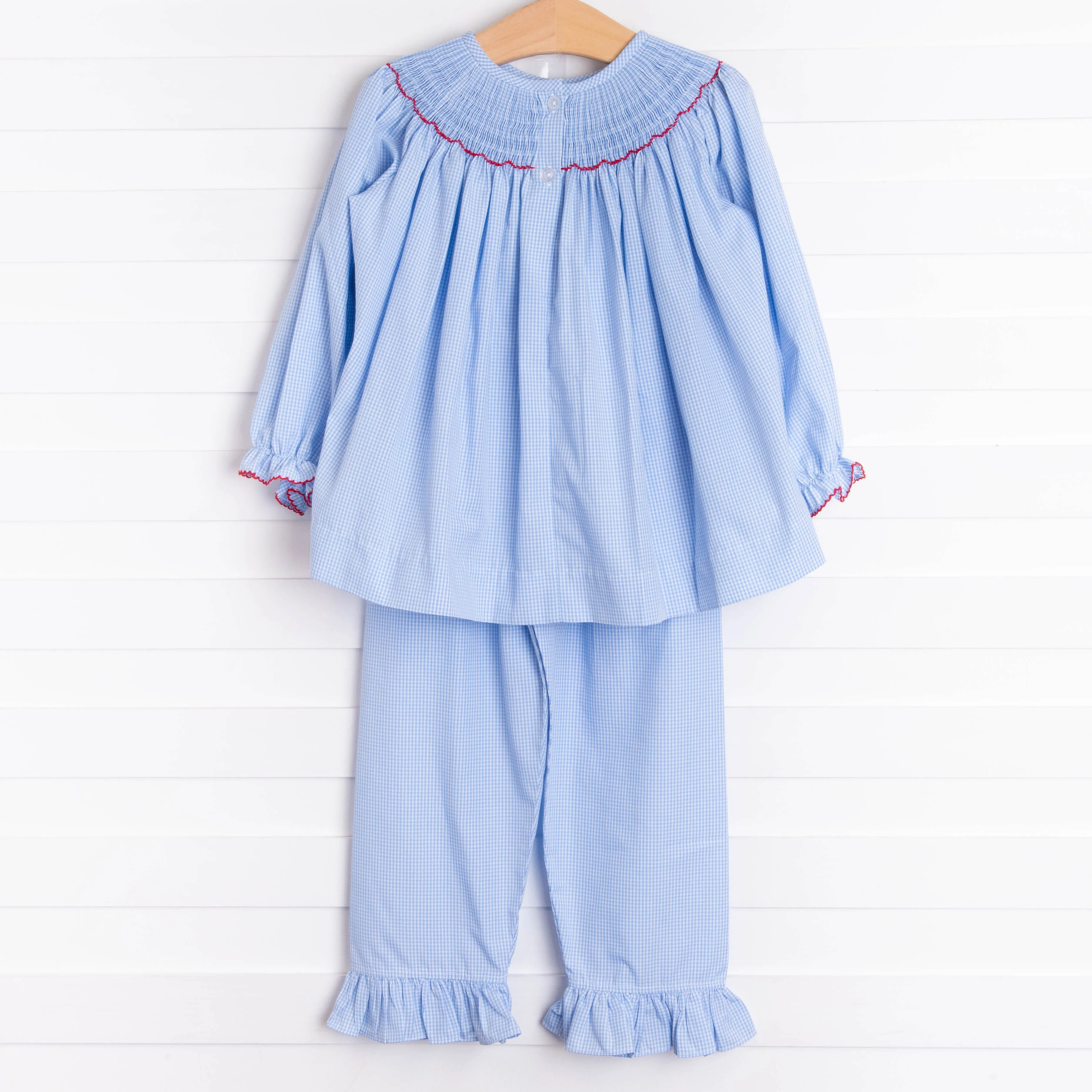 Santa's Smile Smocked Ruffle Pant Set, Light Blue Gingham