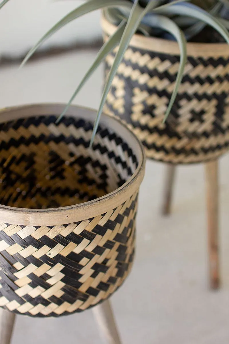 Set of 2 Woven Black & Natural Bamboo Plant Stands with Wood Legs
