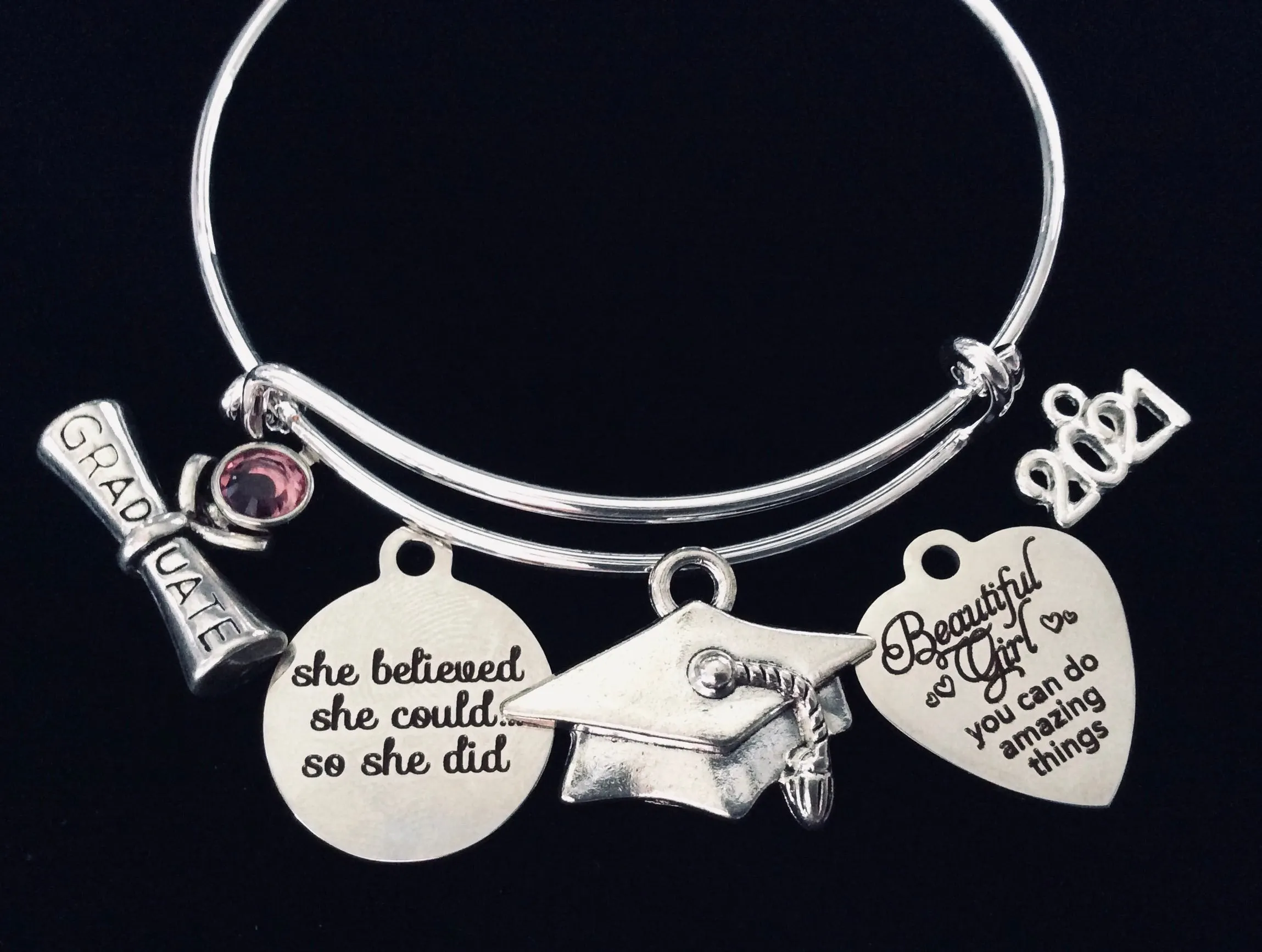 She Believed She Could So She Did Graduation Gift for Girls Personalized Expandable Charm Bracelet Adjustable Silver Bangle